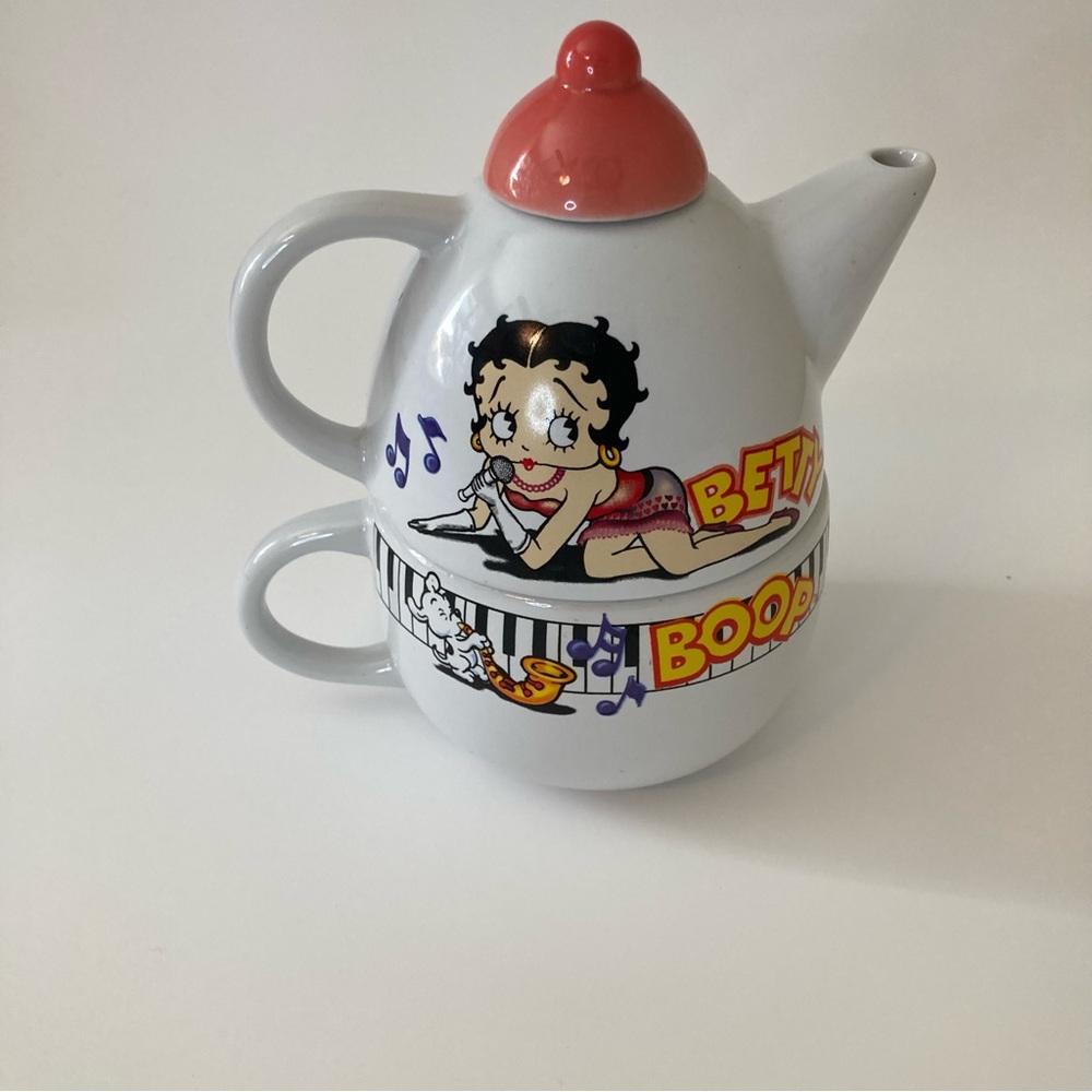 VINTAGE | 1998 BETTY BOOP CARTOON TEA-4-ONE 18 OZ POT & MUG SET Pink Top